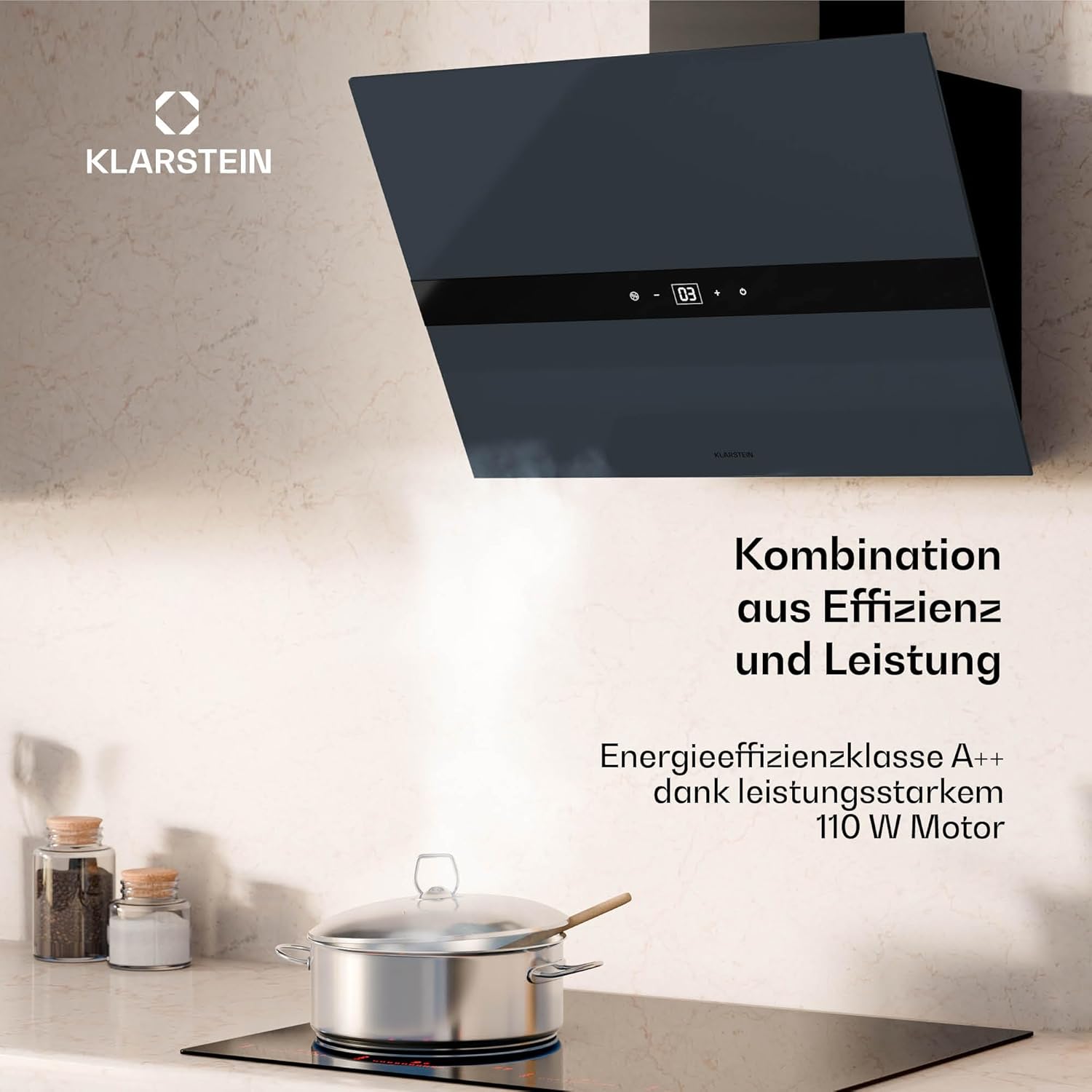 Klarstein WiFusion Dunstabzugshaube - 60 cm Abzugshaube, WLAN-Steuerung, 680 m³/h Luftstrom, A++ Energieeffizienz, LED-Beleuchtung, Touch-Bedienfeld, Schwarz, Abluft & Kohlefilter