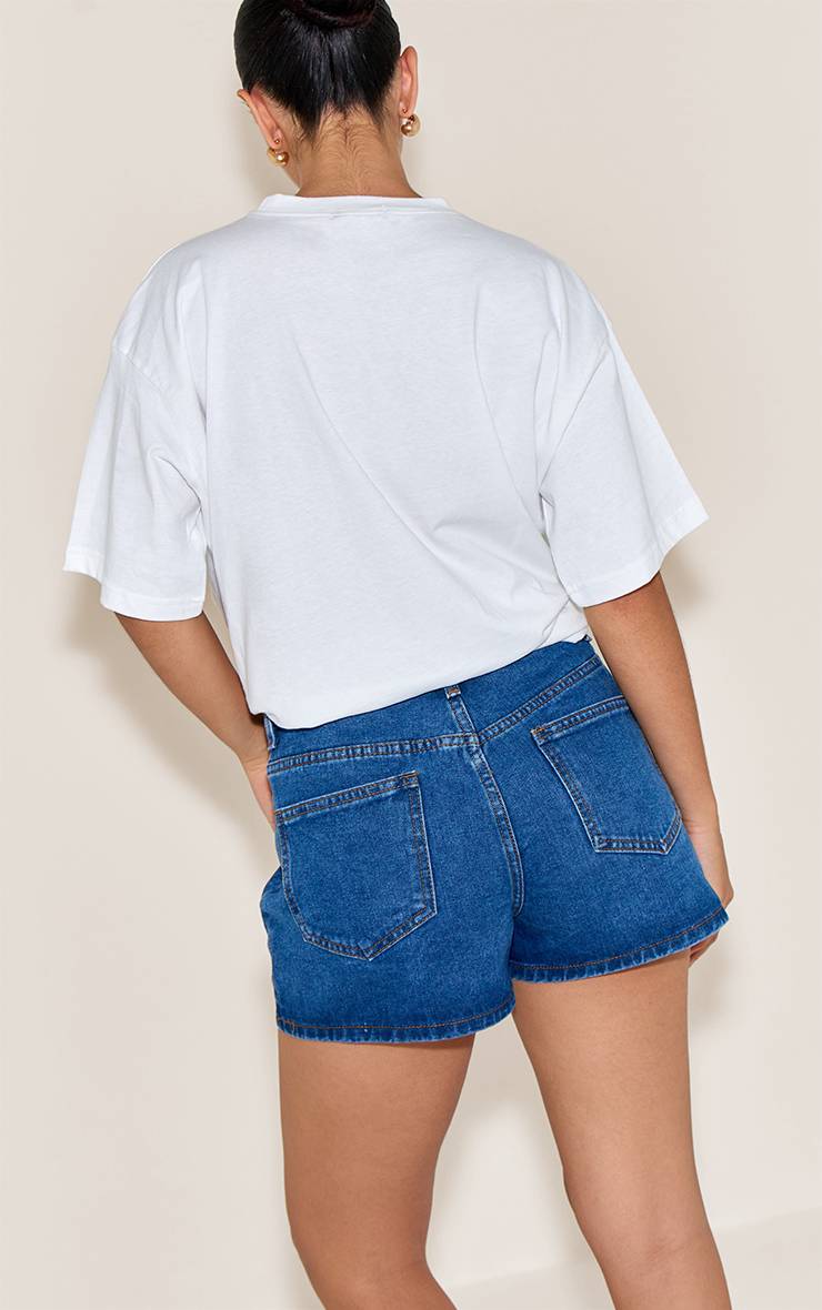 Bleu Foncé Short Mom Taille Haute À Surpiqûres Contrastantes
