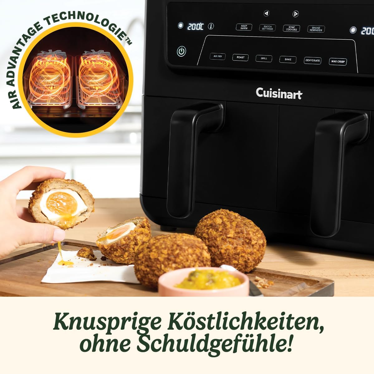 Cuisinart XXL 10.4L Zweizonen-Heißluftfritteuse| PFAS Frei | Chemiekalien frei,| Braten, Grillen, Backen, Dehydrieren und Warmhalten | 2 kammern| 2 x 5.2L - 8+ portionen| Spülmaschinenfeste Teile