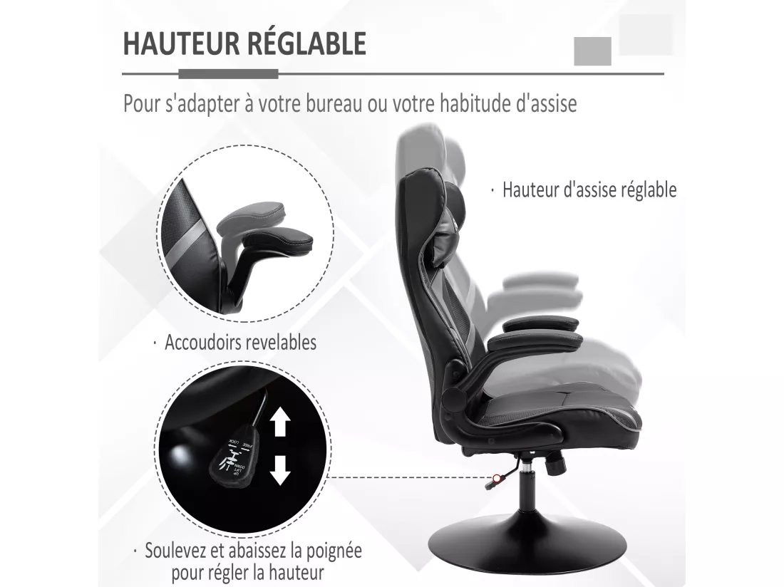 Fauteuil gaming base ronde métal pivotante 360° hauteur réglable tétière accoudoirs relevables PVC gris noir