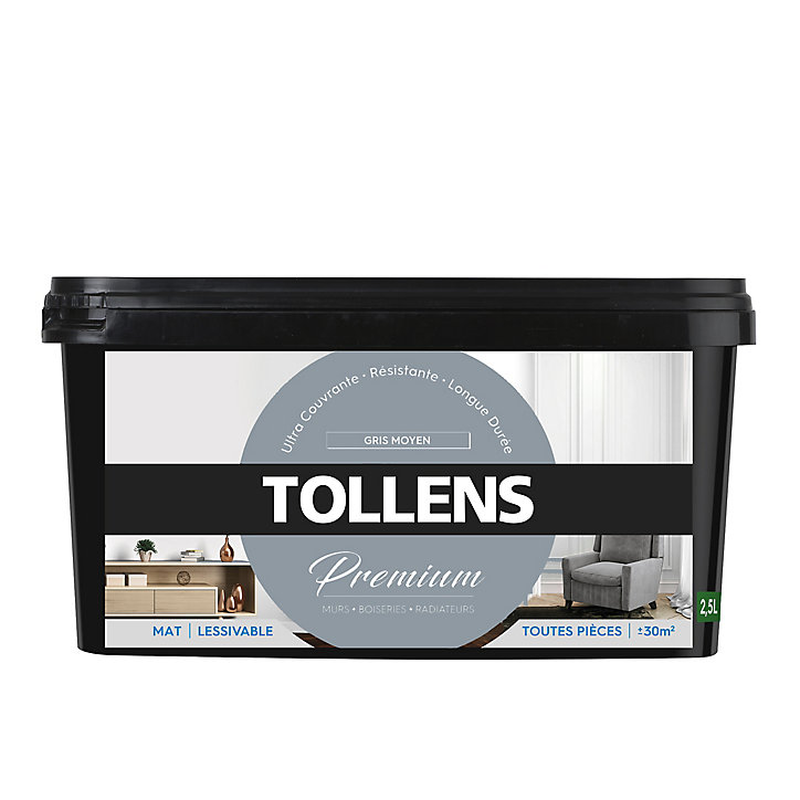 Peinture Tollens premium murs, boiseries et radiateurs gris moyen mat 2,5L