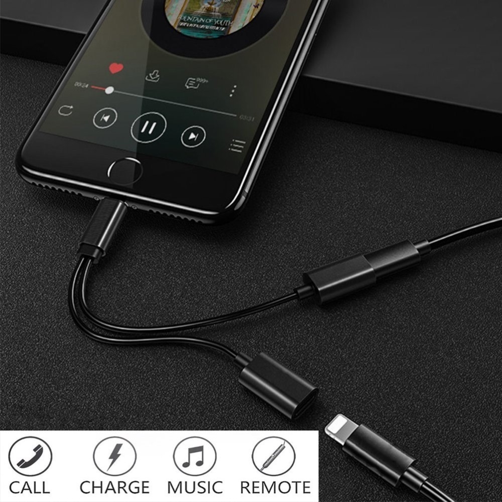Dual (13cm) Lightning Audio Musik Kopfhörer und Lade Adapter Splitter - Schwarz