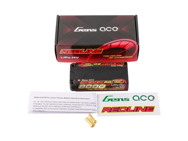 Gens ace RC-Akku LiHV 8000 mAh 3.8 V 140C Redline 2.0 1S LiPo HV Shorty Akku mit 5 mm Bullet Goldstecker
