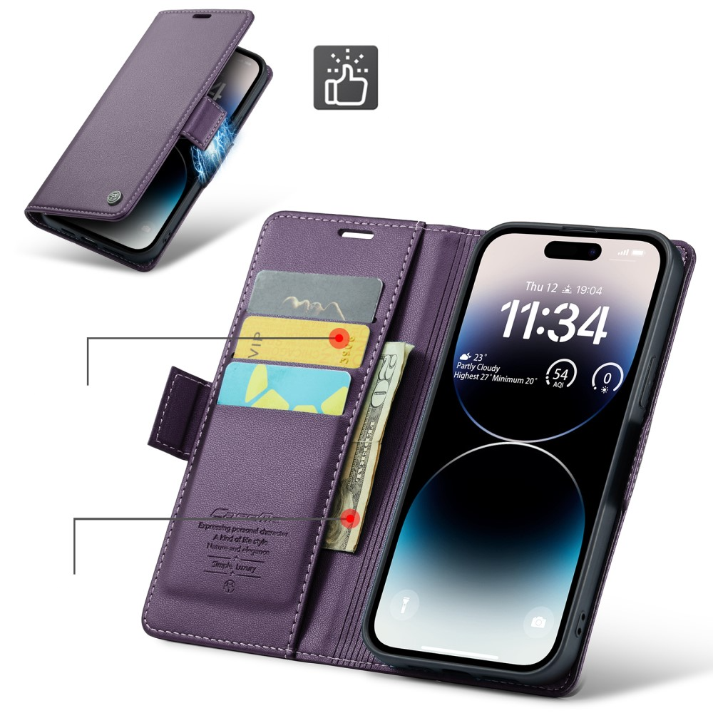 iPhone 15 Pro Leder Tasche Flip Wallet Etui mit Kartenfächern Litchi Look (RFID Schutz) - Violett