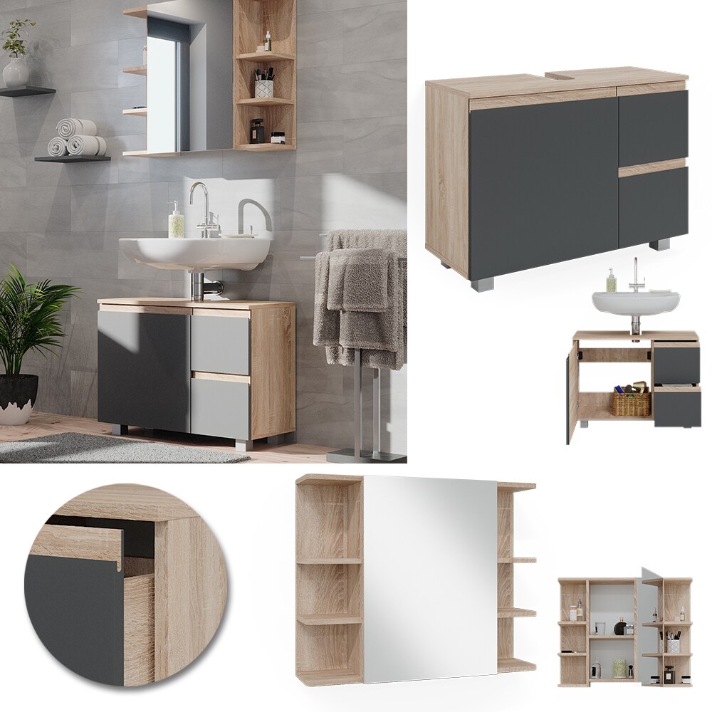 Vicco Badmöbelset J-shape Sonoma Anthrazit modern Badezimmer Schrank Badschrank Waschtischunterschrank Spiegelschrank Schranktür Schrankschublade Aufbewahrung