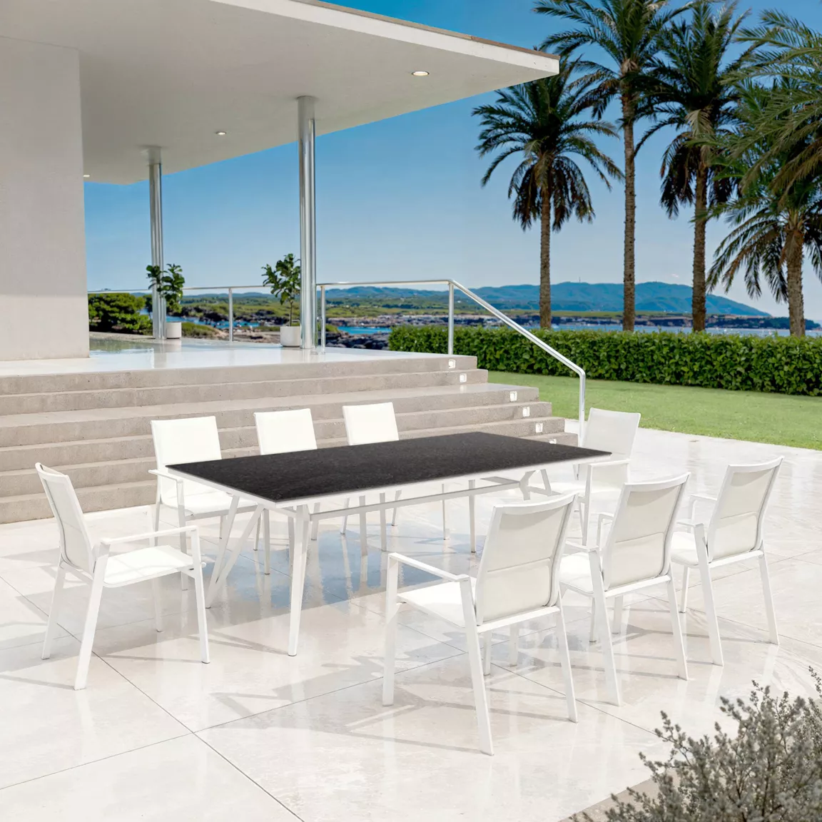 Table de jardin en aluminium et HPL 10 places (220 x 115 cm) Biarritz effet pierre Gris anthracite et blanc