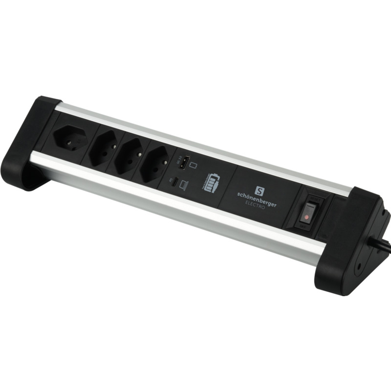 S-Electro Tischsteckdosenleiste Alu-Office-Line, 4x T13, 1x USB-A, 1x USB-C, 2 m
