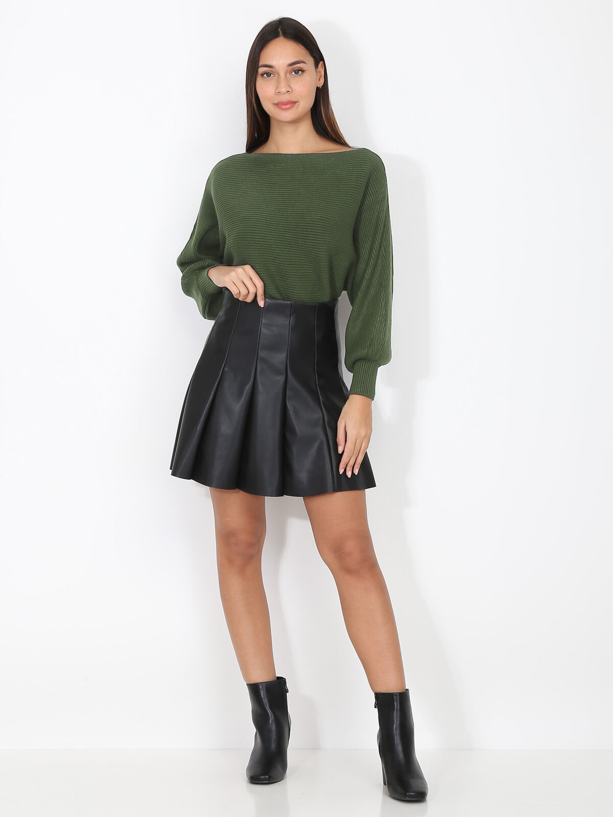 Pull classique en maille côtelée- Vert