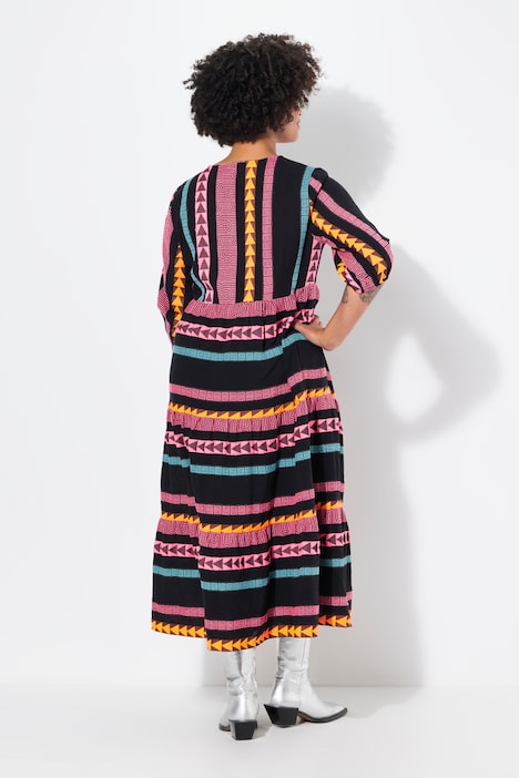 Maxikleid, A-Linie, Jacquard-Streifen, V-Ausschnitt, 3/4-Ärmel