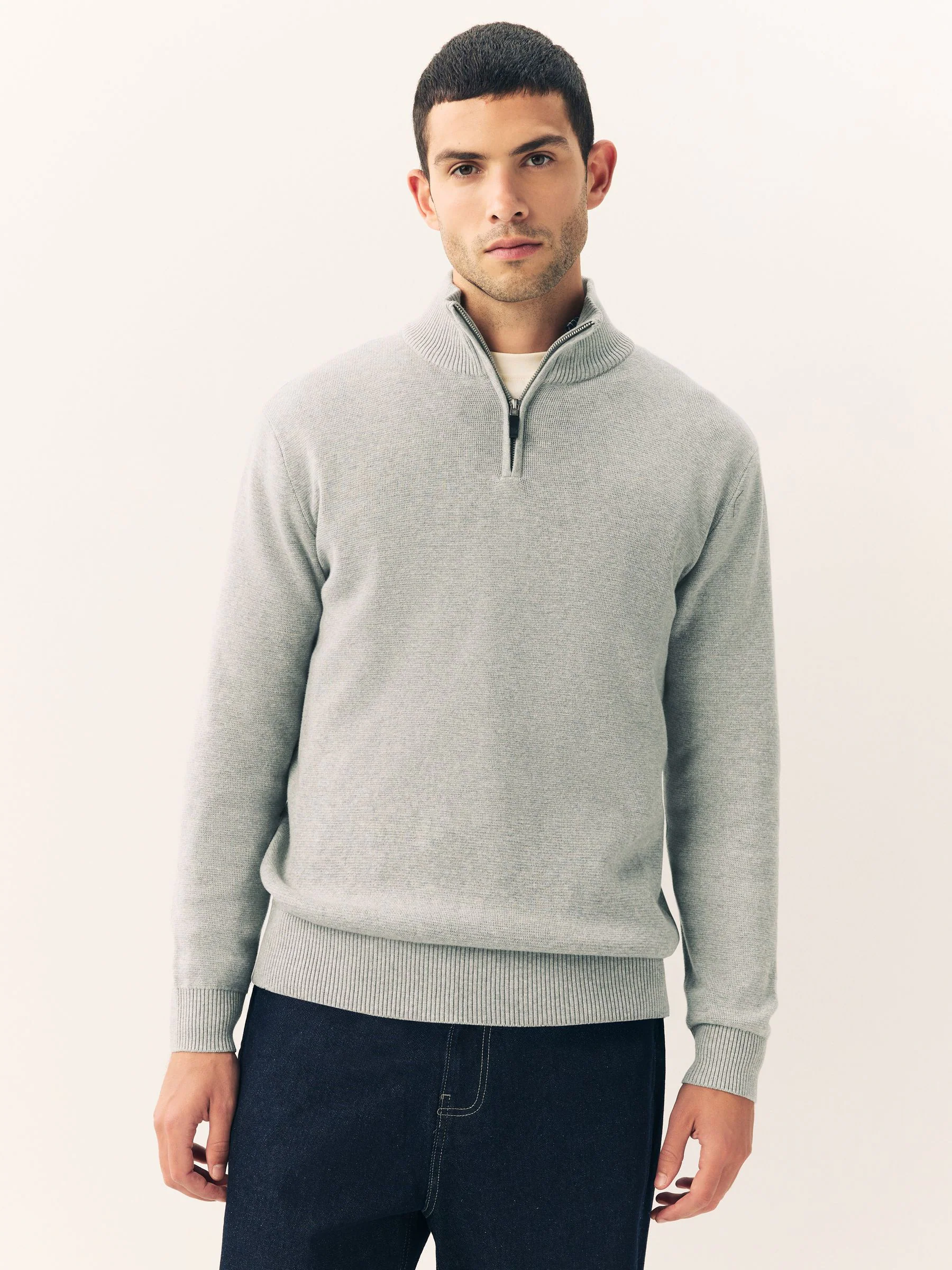 Lichtgrijs - Effen - Regular fit 100% katoenen premium trui met korte rits