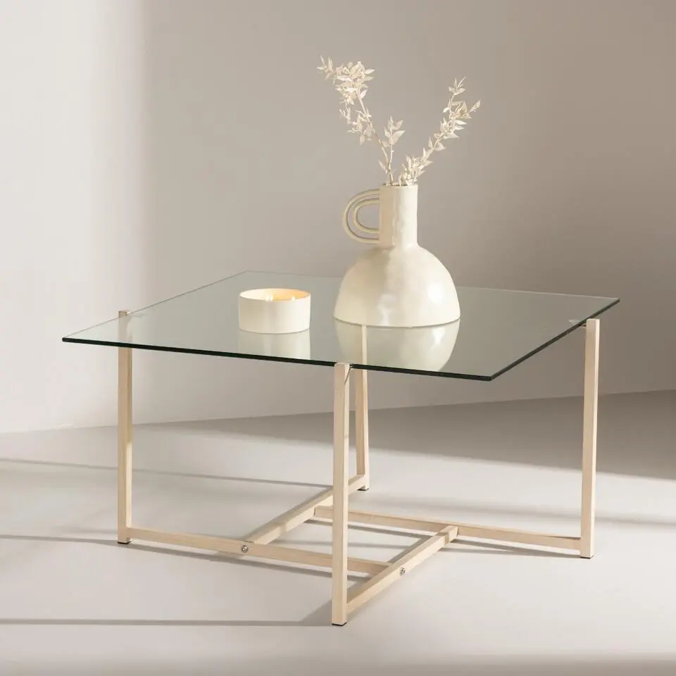 Salontafel Glas/Naturel Hout - 80x80x45cm - Hybrid
