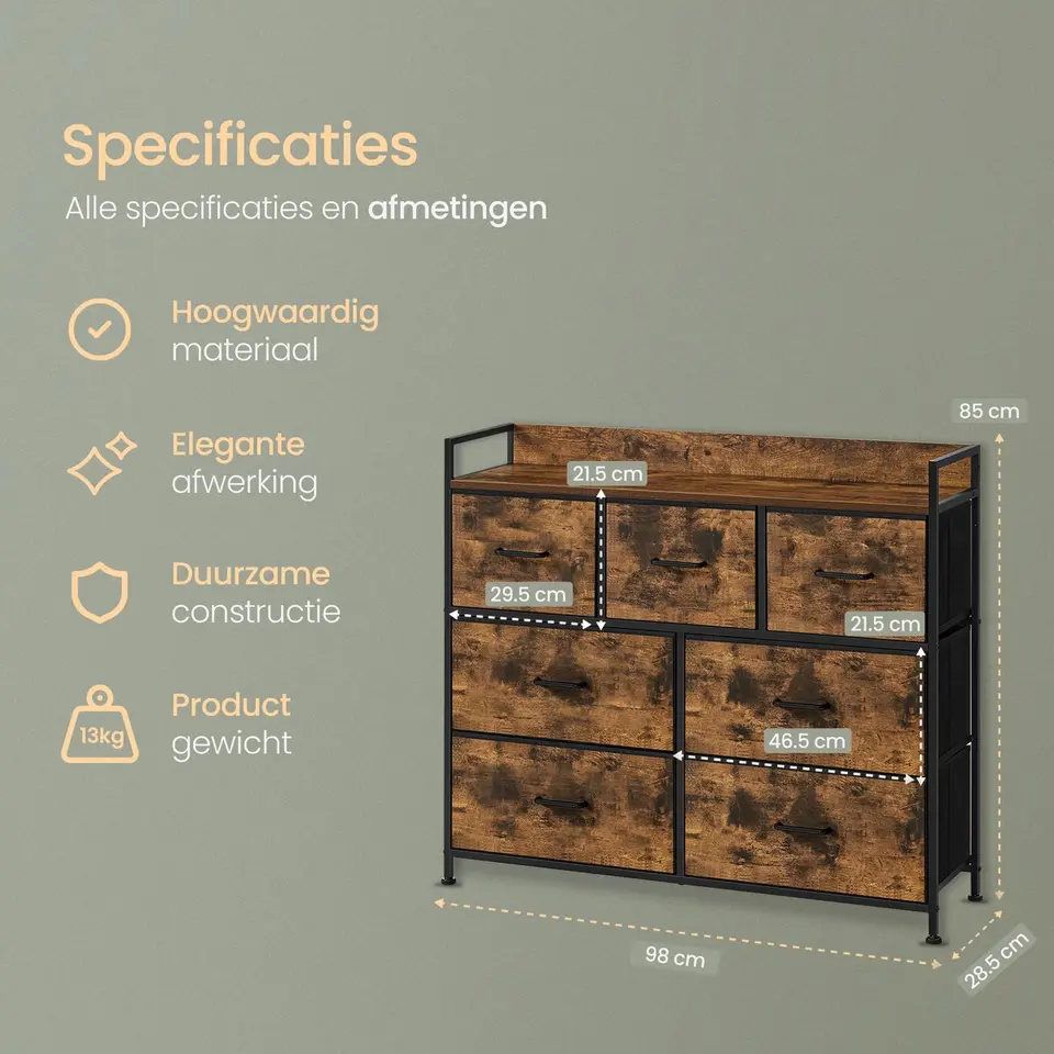 O'DADDY Industrieel Ladekast - 7 Laden - Vintage Bruin/Zwart - 28,5x98x85 cm