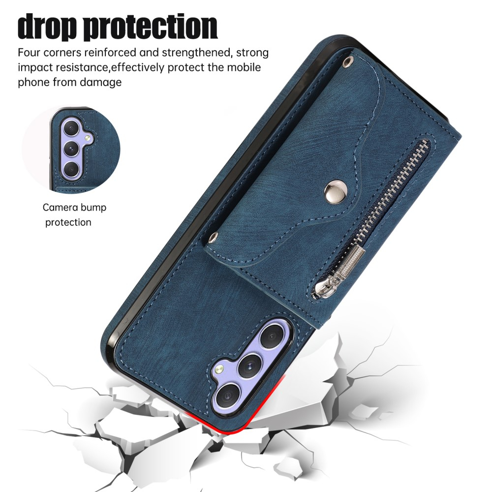 Samsung Galaxy A54 5G Necklace Leder Schutz Hülle mit Kartenfächer   Handykette (RFID Schutz) - Blau