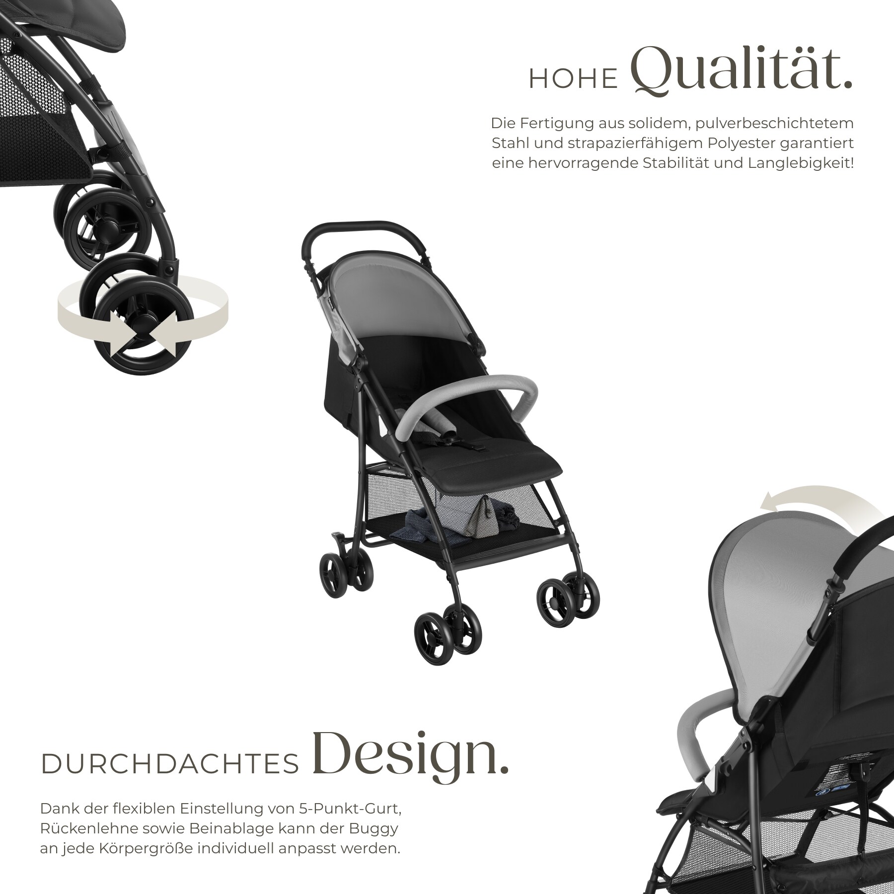 tectake® Buggy-Kinderwagen, klappbar, mit 5-Punkt-Gurt, Bremse und Schutzbügel, pulverbeschichtetes Stahlgestell und pflegeleichter Polyesterbezug, für 0 bis 36 Monate geeignet, Belastbarkeit 15 kg