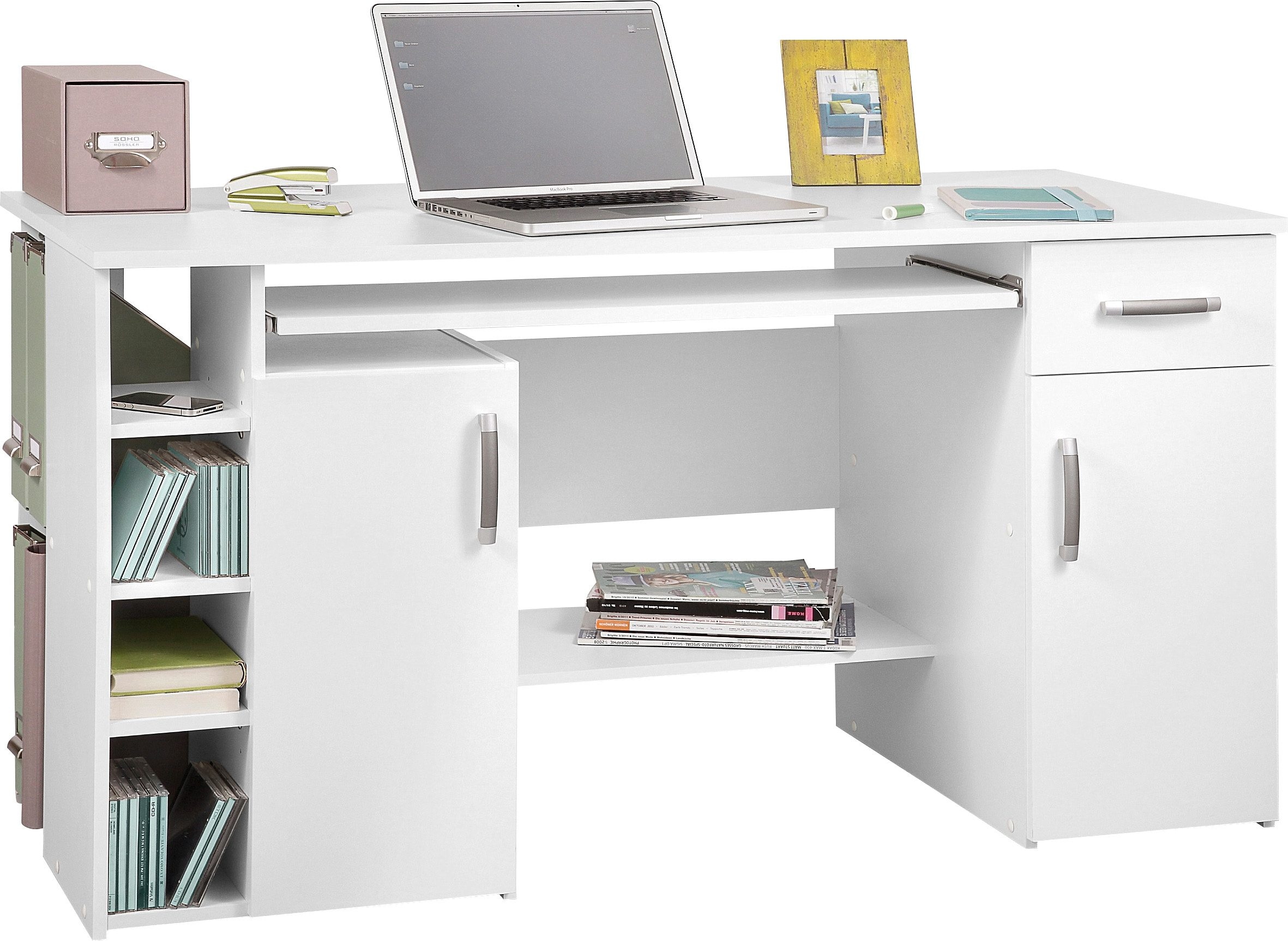 VOGL Möbelfabrik Schreibtisch »Tim mit seitlich offenen Fächern & Tastaturauszug,« Druckerablage, 1 Schublade, Breite 138 cm, Made in Germany
