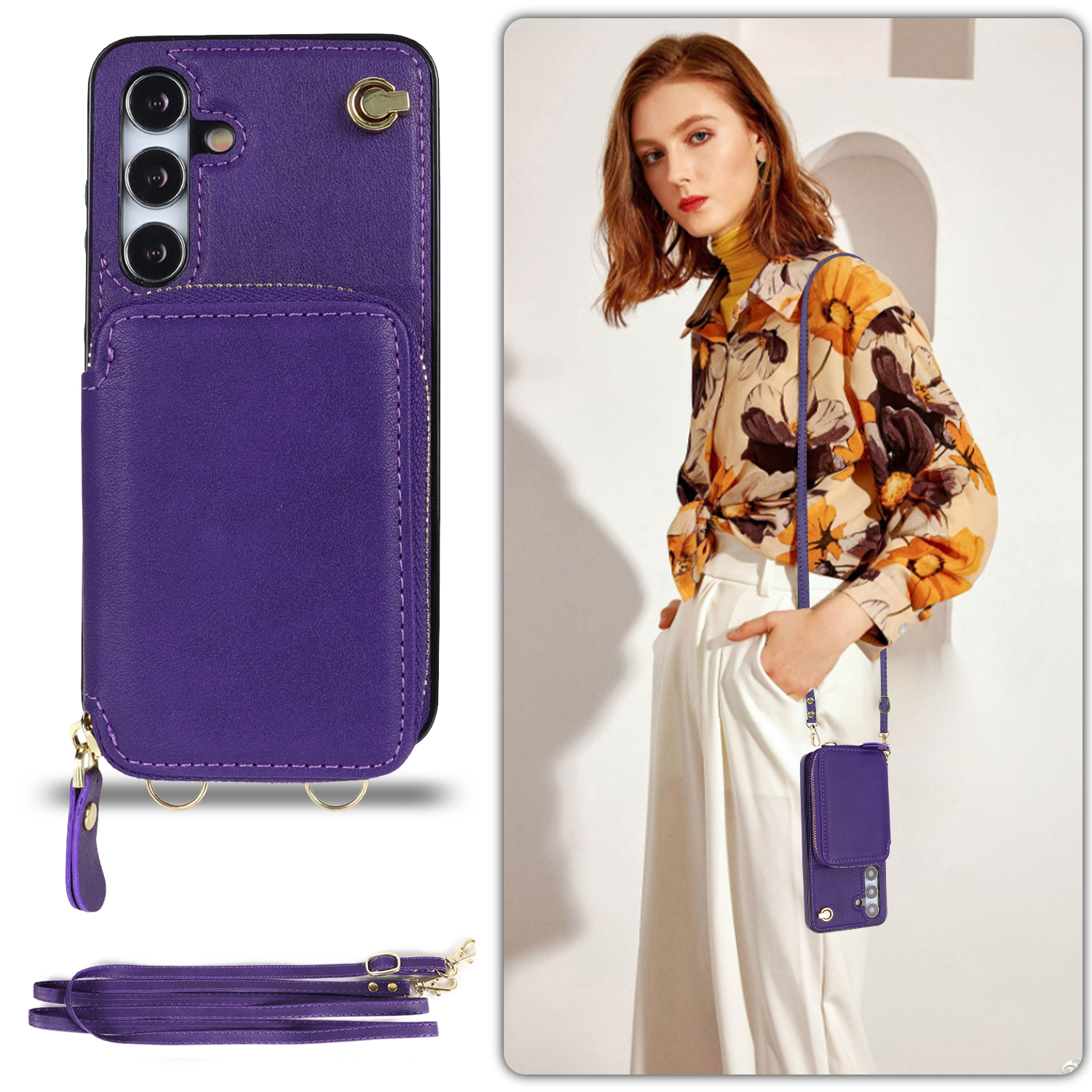 Samsung Galaxy S24 Necklace Leder Schutz Hülle mit Kartenfächer   Handykette (140cm) - Violett