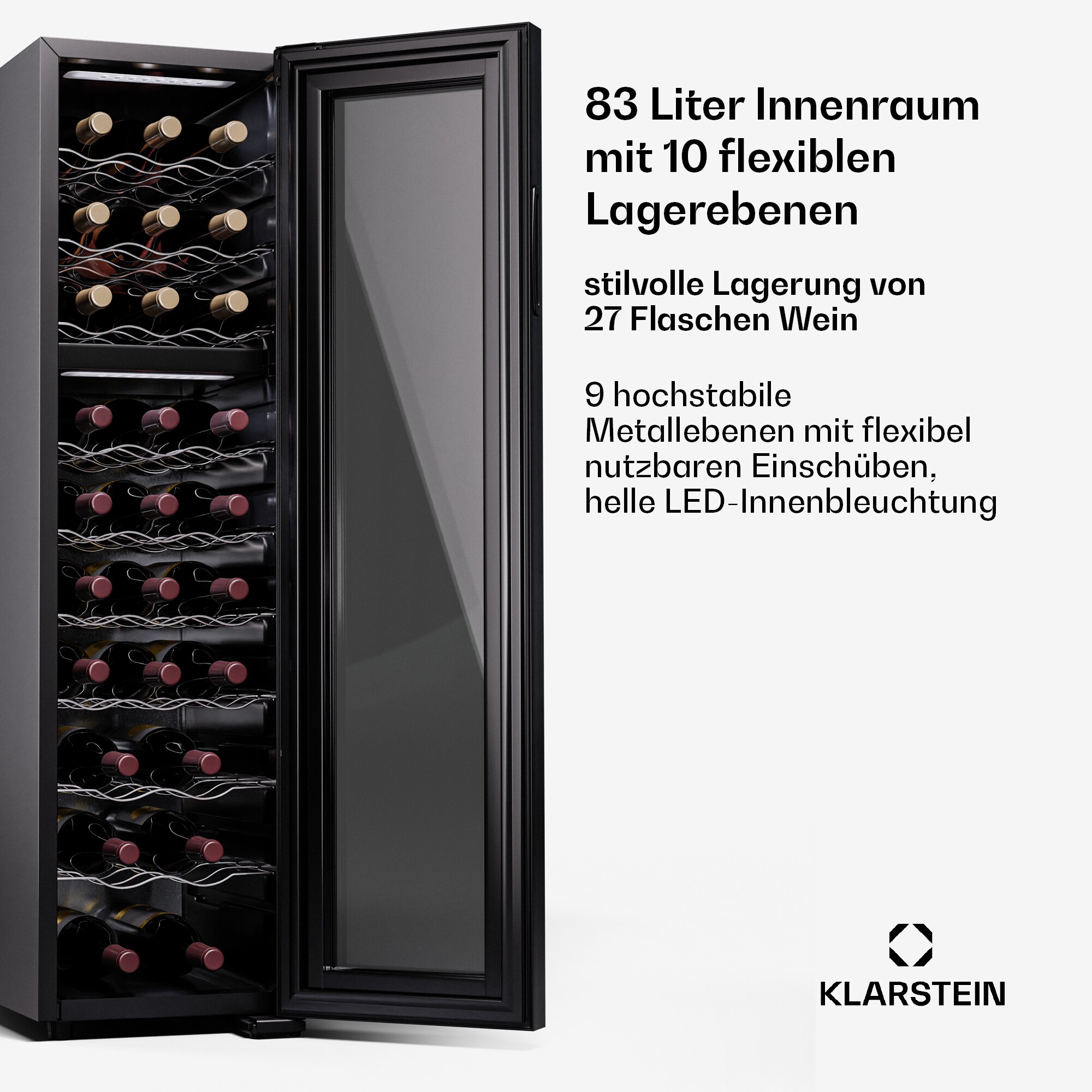 Shiraz 27 Duo Weinkühlschrank 2 Zonen 83L/27 Flaschen 5-18 °C Touch Schwarz 27 Flaschen 2 Kühlzonen