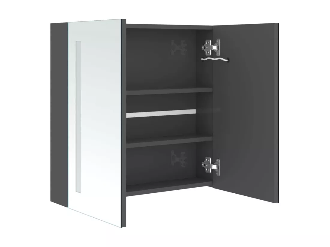 Armoire de salle de bain à miroir LED Gris brillant 62x14x60 cm
