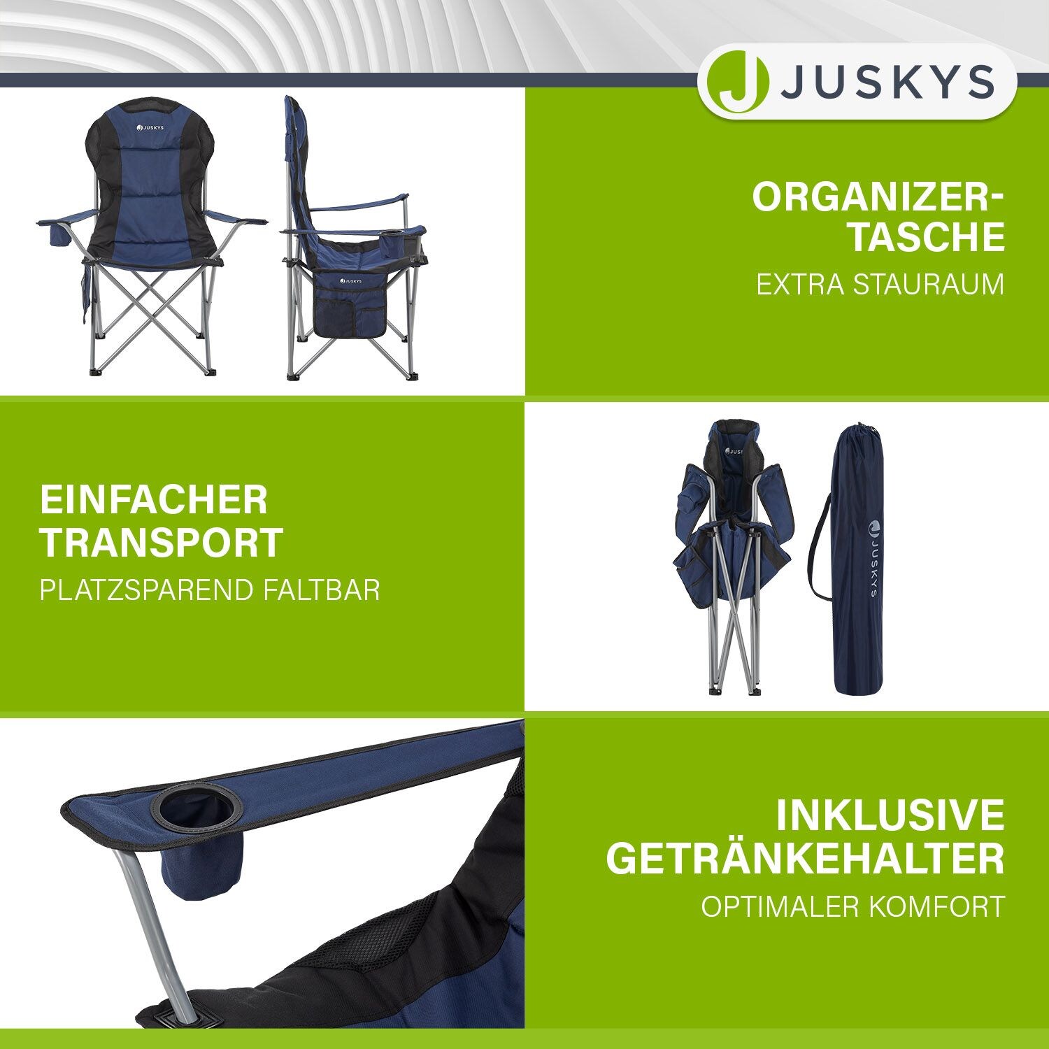 Juskys Campingstuhl Lido mit Getränkehalter & Tasche - Camping Klappstuhl gepolstert - Stuhl Blau