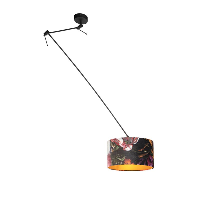 Hanglamp zwart met velours kap bloemen met goud 35 cm - Blitz