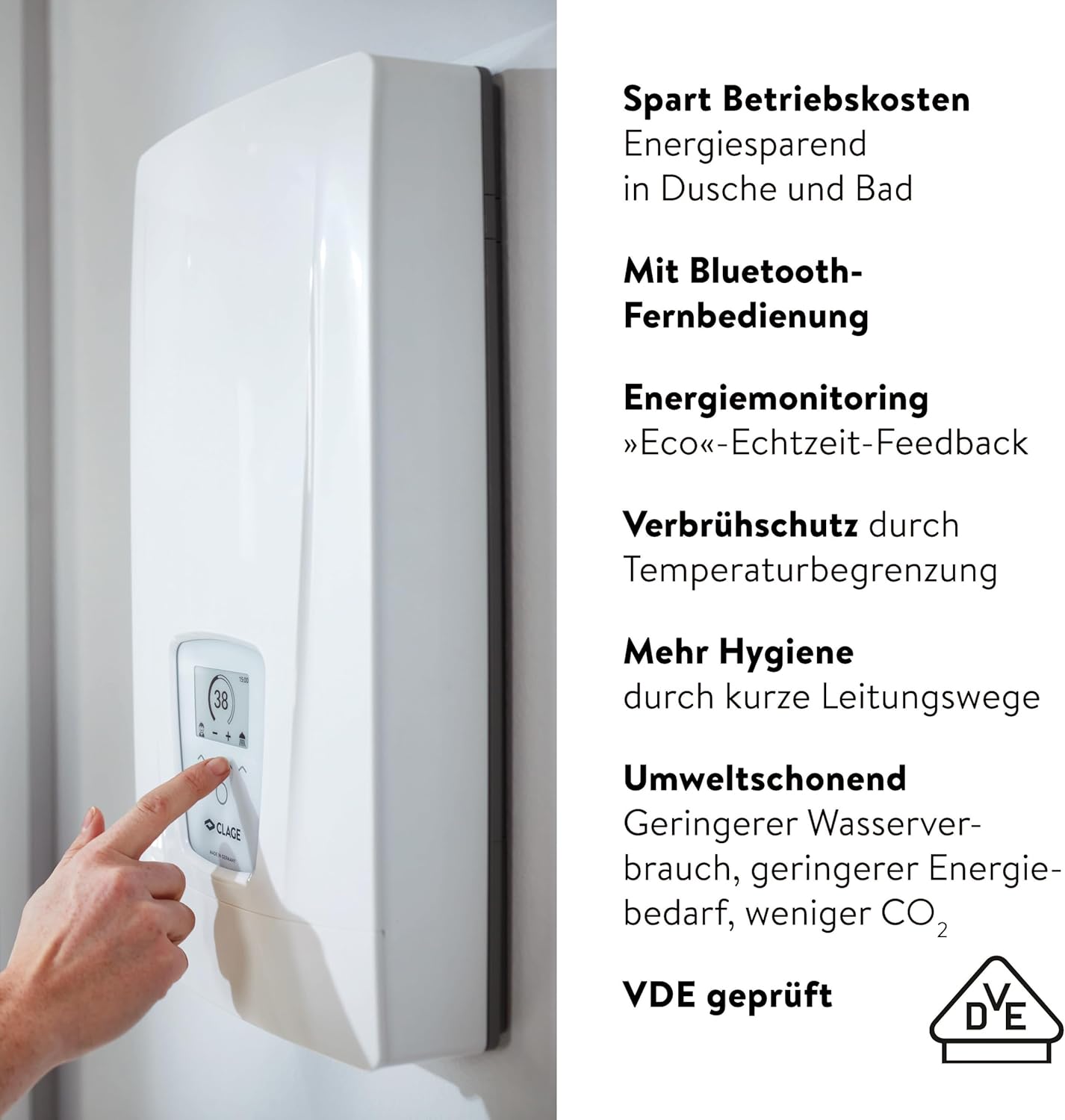 CLAGE DEX Next S vollelektronischer Durchlauferhitzer, Bad/Gruppenversorgung, 18-27kW, ECO-Mode, Fernbedienung, Wasser-/Energiesparend, E-Paper-Display, VDE-GS geprüft, 3200-36450