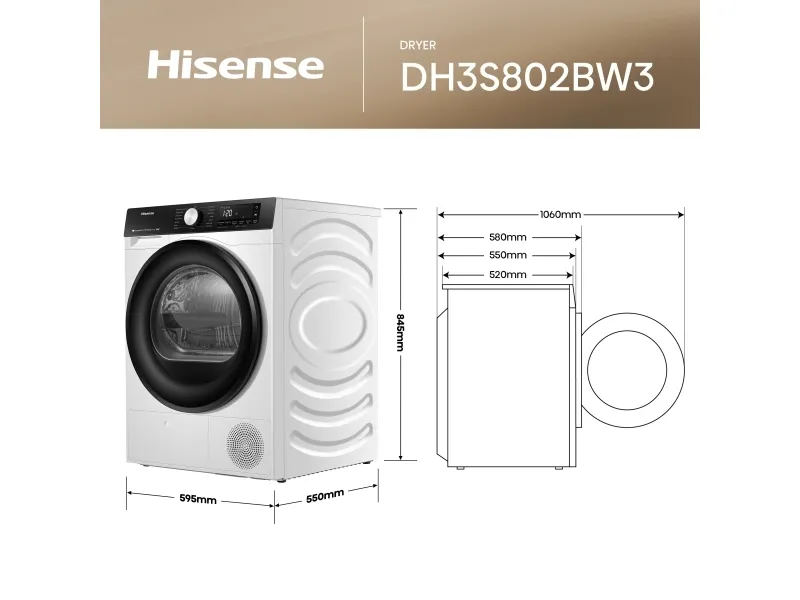 Hisense DH3S802BW3, Fritstående, Front-læsning, Varmepumpe, Hvid, Dreje, Berøring, Venstre/højre