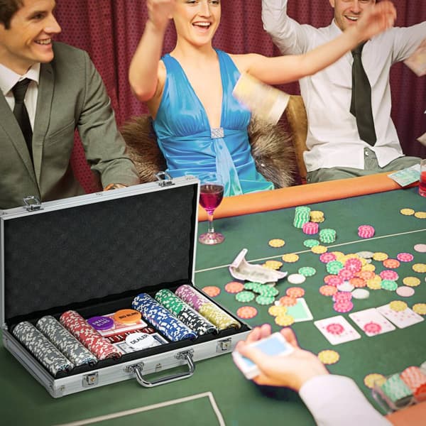Pokerveskesett 300 Sjetonger 11,5 G Komplett Pokersett Lås 2 Kortstokker 5 Terningforhandler Blindknapper Sølv