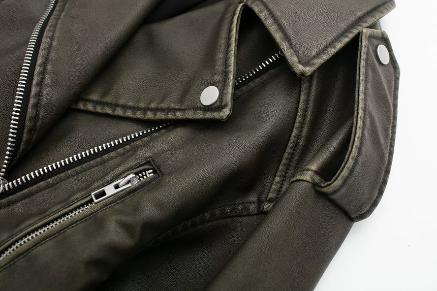Morhan - Effen imitatieleren cropped bikerjack met rits