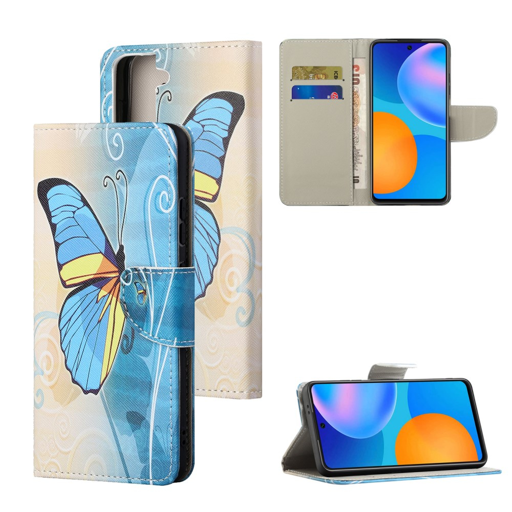 Samsung Galaxy S21 FE 5G Leder Tasche mit Kartenfach Schmetterling - Blau