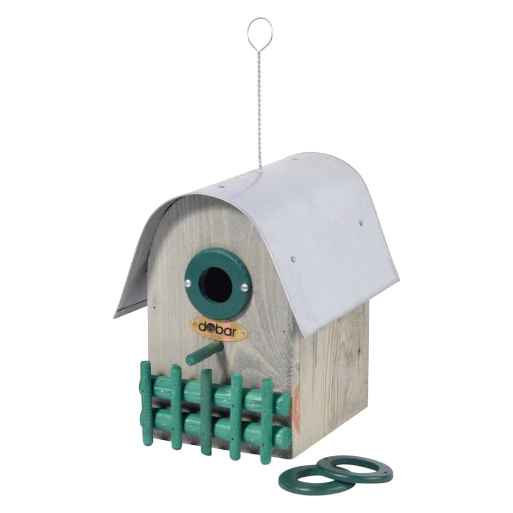 Nichoir à oiseaux teak toit arrondi en zinc naturel/vert/argenté