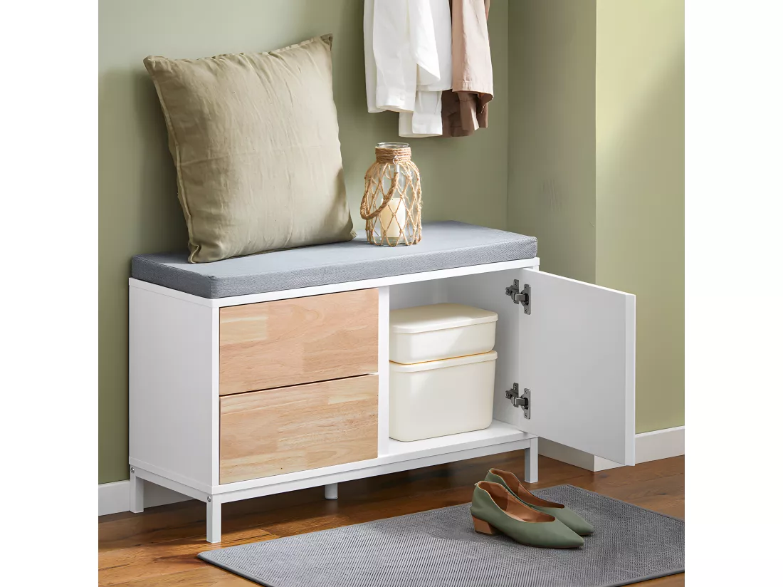 SoBuy Banc à Chaussures, Banc de Rangement avec Coussin rembourré, Meuble Bas Entrée sur Pieds avec 1 Porte et 2 Tiroirs, 80 x 30 x 51 cm, FSR167-WN