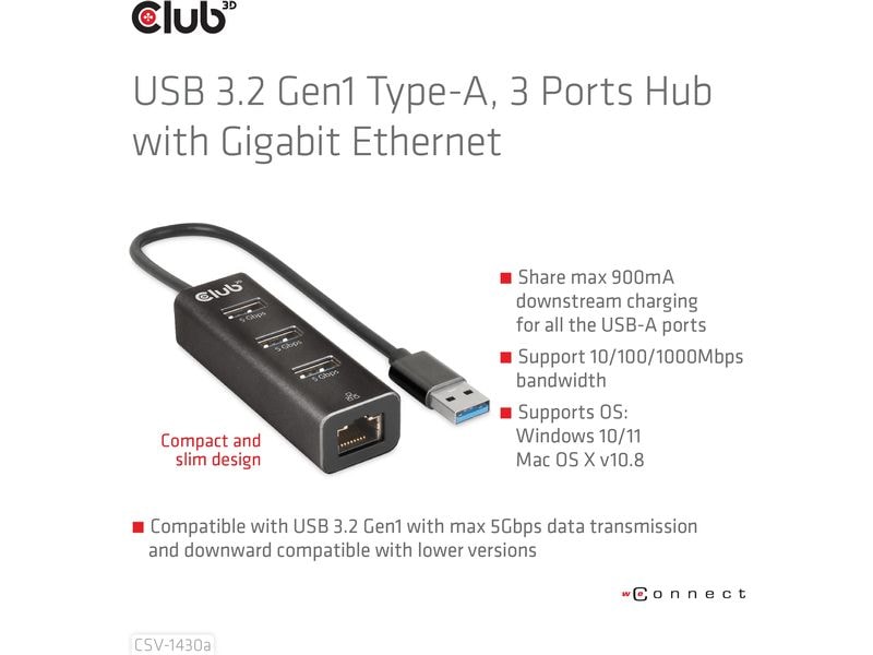 Club 3D USB-Hub CSV-1430a 3 Ports Hub mit Gigabit Ethernet