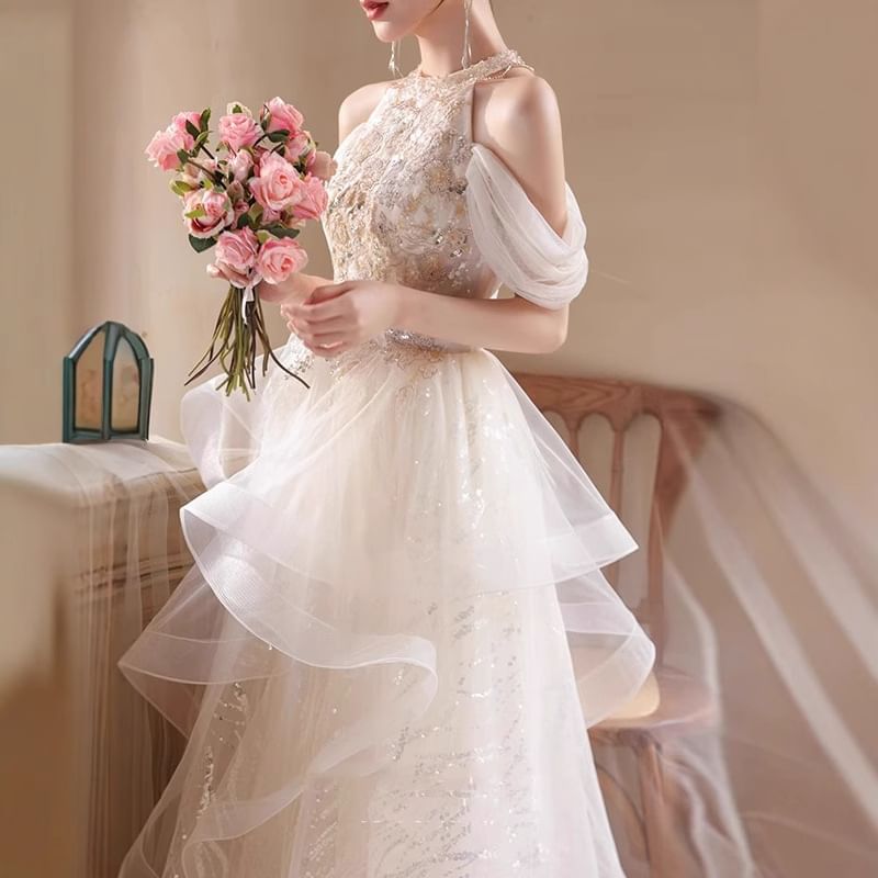 DreesHouse - Halter Cold-Shoulder Sequin Tule A-lijn Avondjurk