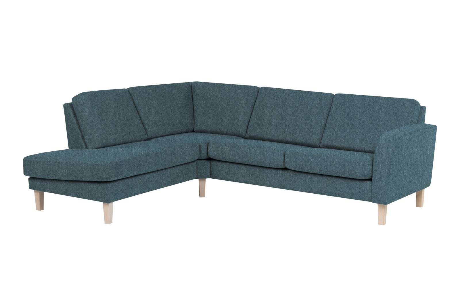 Slogen hjørnesofa Oppsett AV. 2,5-seter med åpen ende venstre. Tekstil Viva Blue med standard ryggpute. Vange A og hvitpigmentert ben 178.