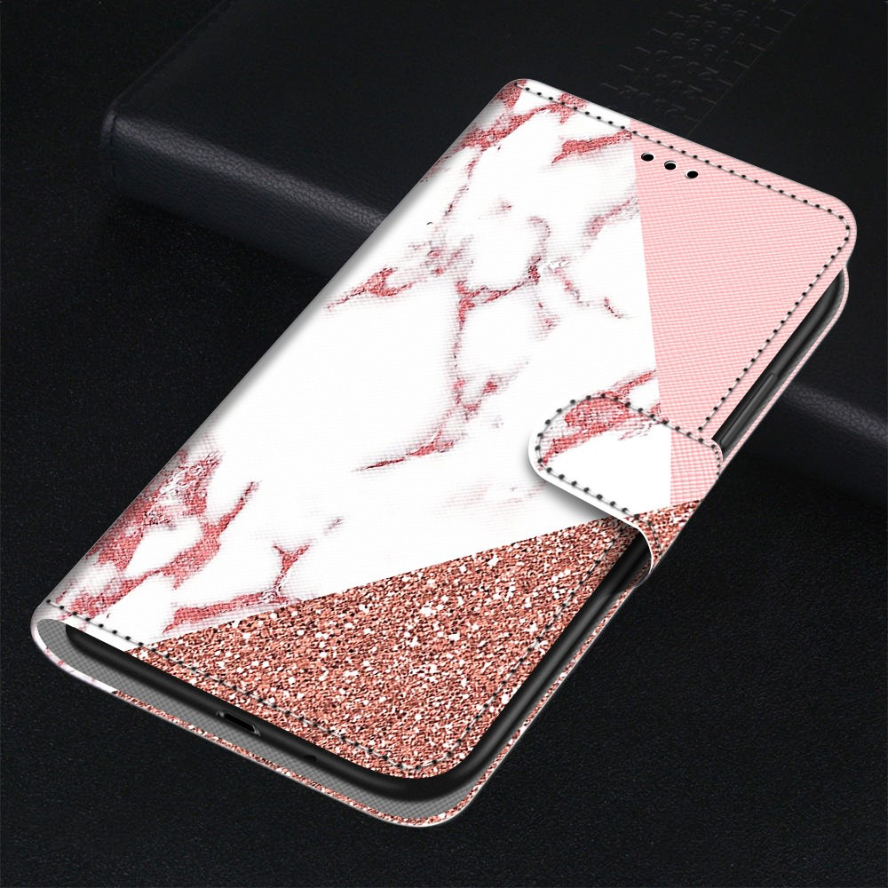 iPhone 13 Pro Leder Tasche mit Kartenfächer   Handschlaufe - Marble Marmor (Roségold / Weiss)