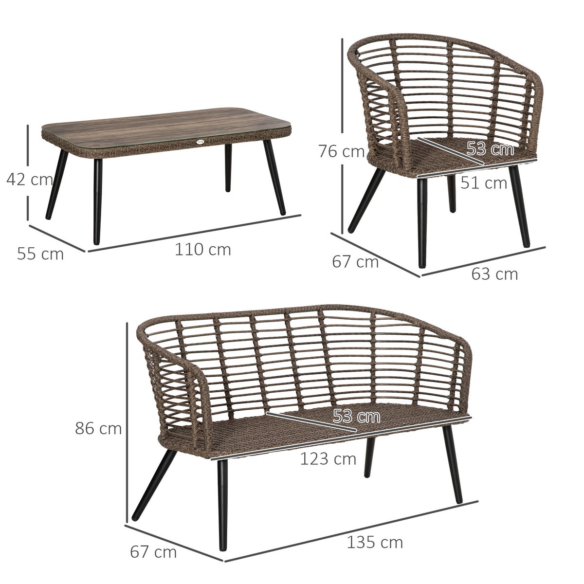 Outsunny 4-delige tuinmeubelset, 135B x 67D x 76H cm, aluminium, PE rotan, polyester, gehard glas, grijs