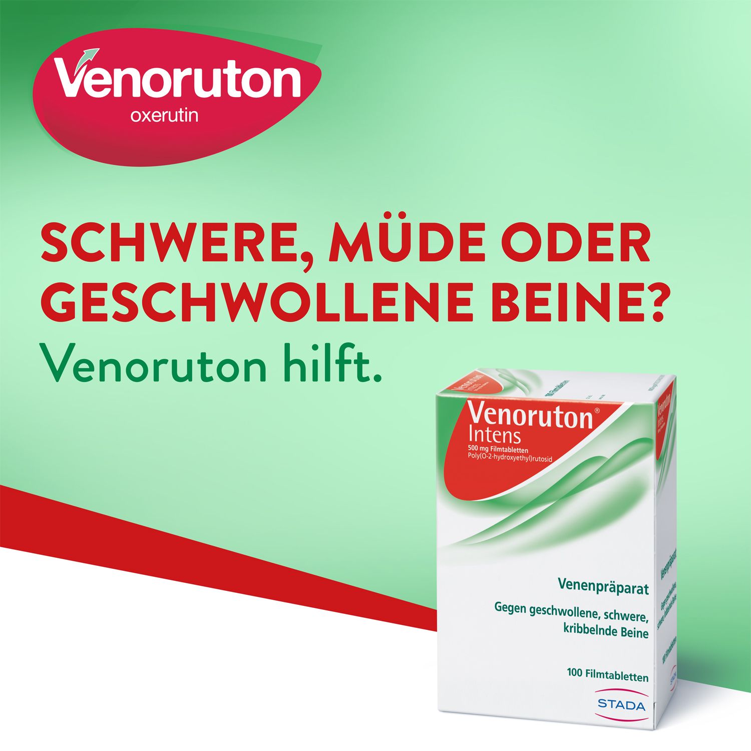 VENORUTON® Intens zur Behandlung von Beinschwellungen (Ödemen) und Linderung bei schweren, müden Beinen, Spannungsgefühlen und Kribbeln bei chronischer Veneninsuffizienz. Wirkstoff: Oxerutin.