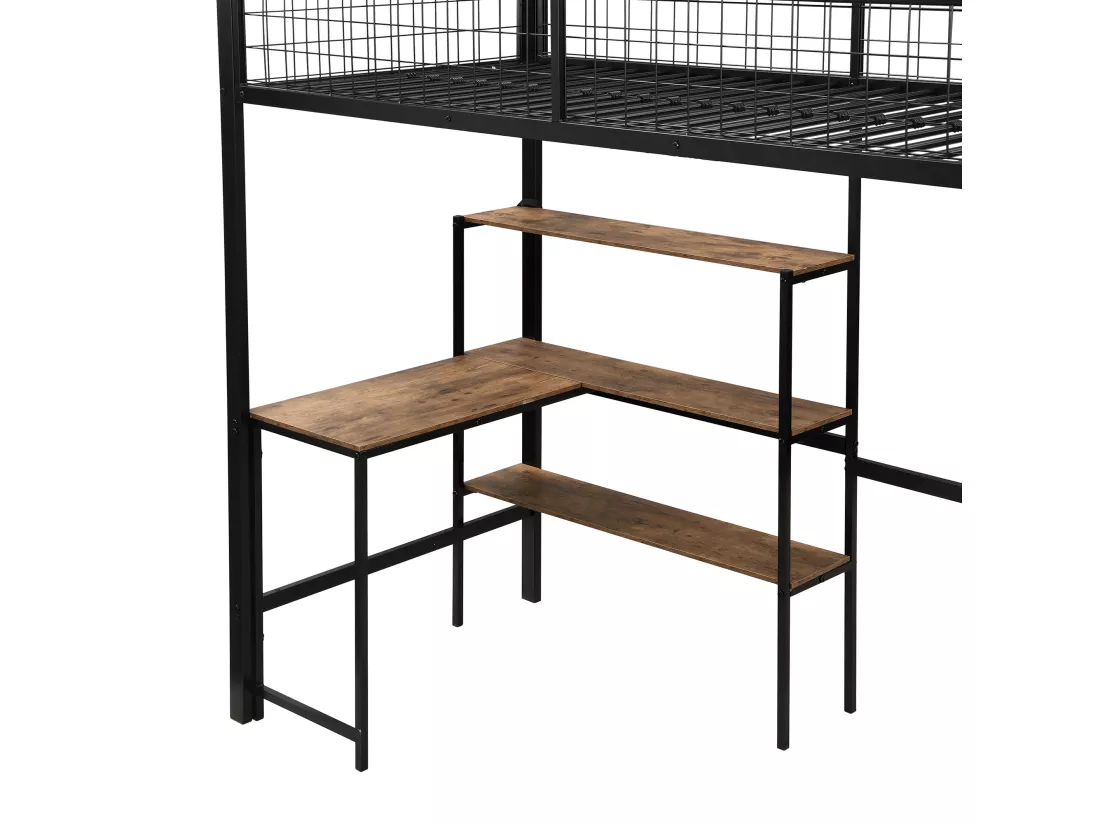 Lit mezzanine 90x200 cm - cadre en fer - avec un bureau et étagères - Noir
