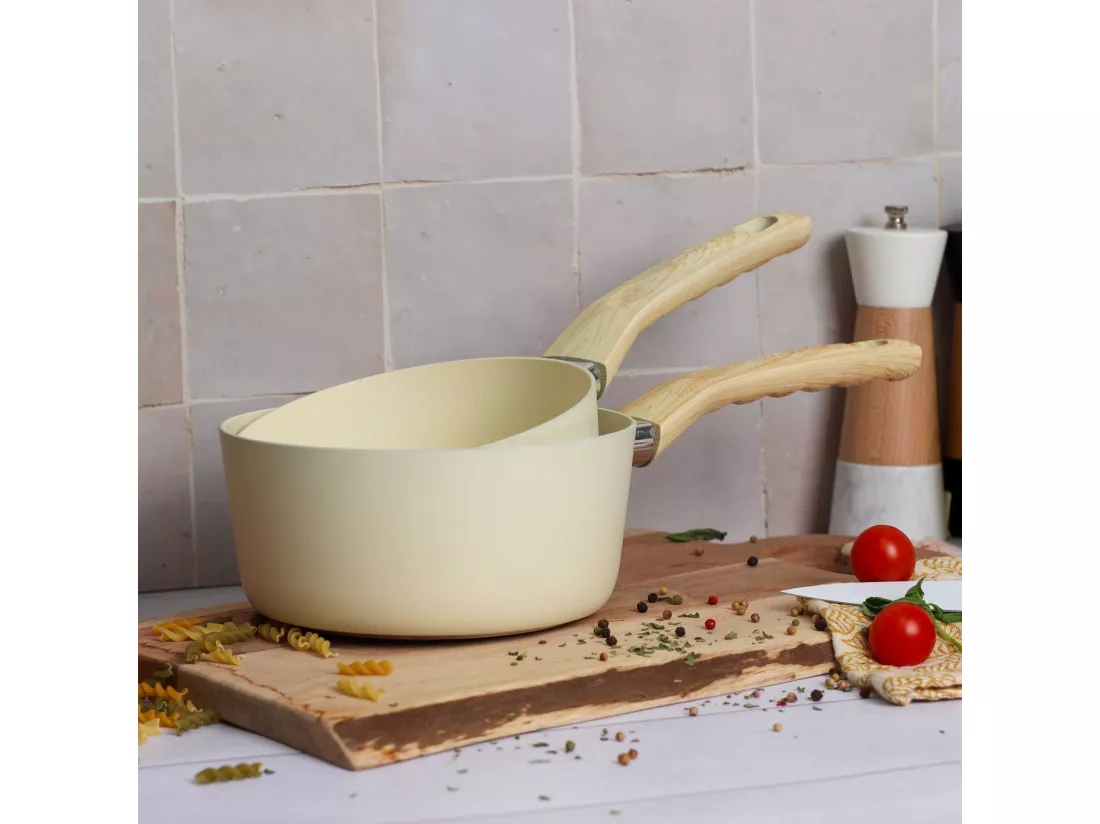 Menastyl - Set De 5 Pieces Colorama Creme - Poeles/casseroles/wok - En Aluminium - Revetement Antiadhesif En Ceramique