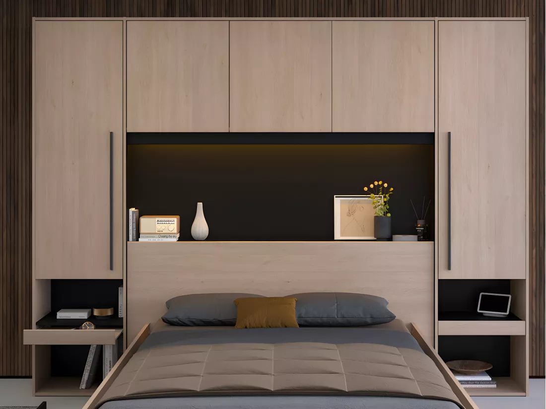 Lit pont 140 x 190 cm avec rangements - Avec LEDs - Coloris : Naturel et noir + Sommier + Matelas - VELONA
