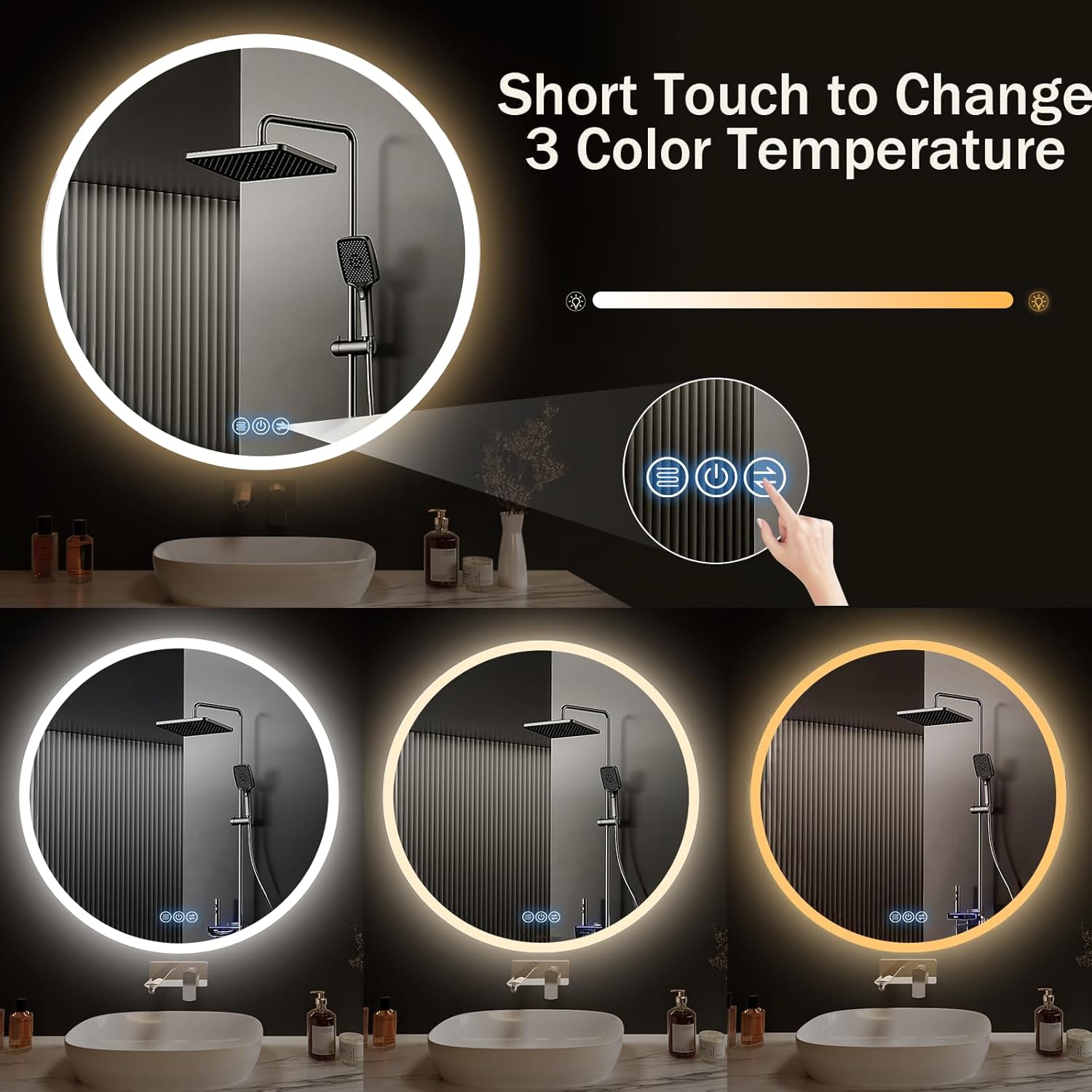 Badspiegel mit Beleuchtung Rund 100cm, LED-Badezimmerspiegel mit Touch-Schalter, Antibeschlag, 3 stufenlos dimmbare Lichtfarben, IP65, HD-Hartglas, Doppelter Lichtring