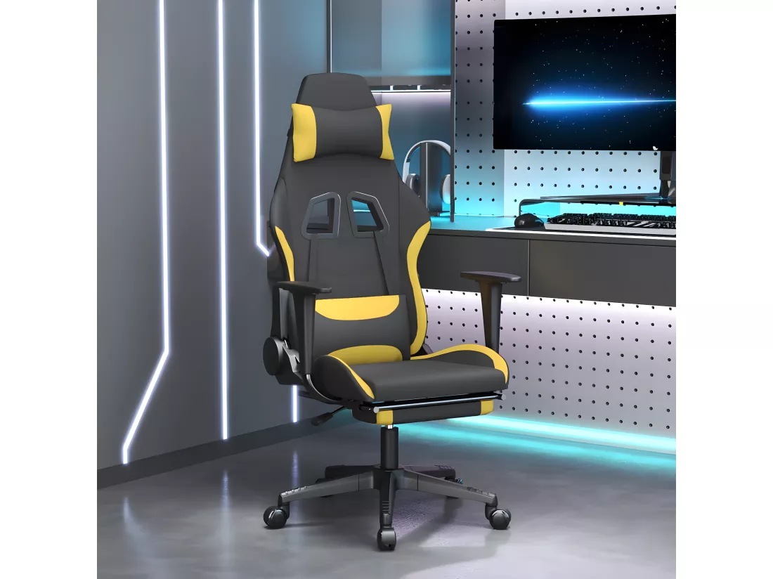 Chaise de jeu de massage avec repose-pied Noir et jaune Tissu