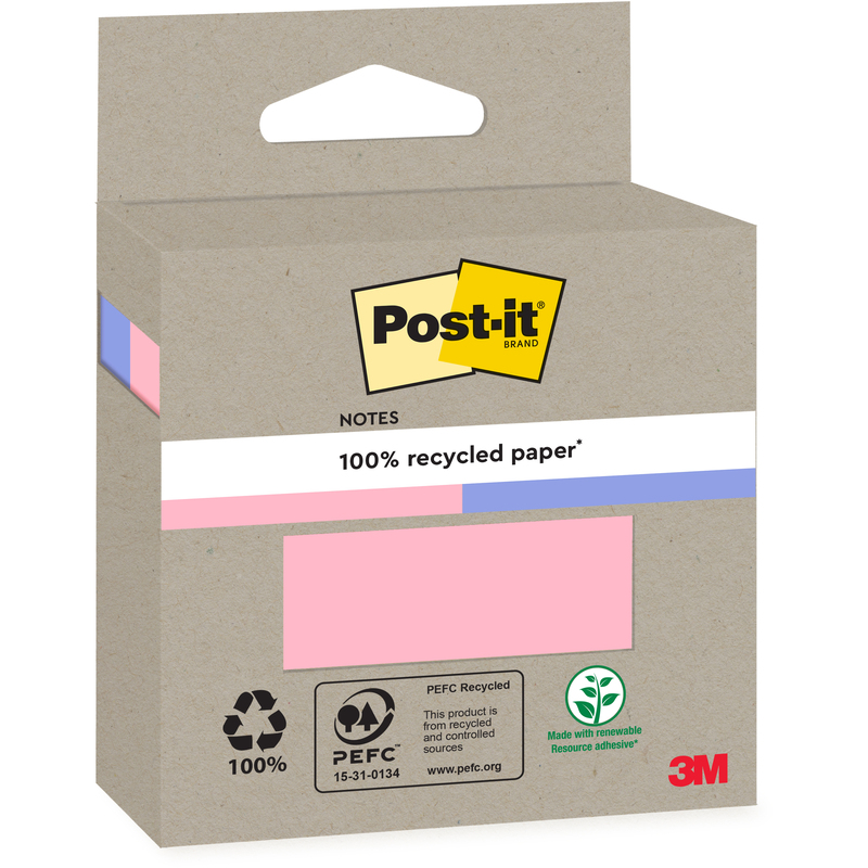 Post-it Haftnotizen Recycling, pink/blau, 76 x 76 mm, 2 x 100 Blatt