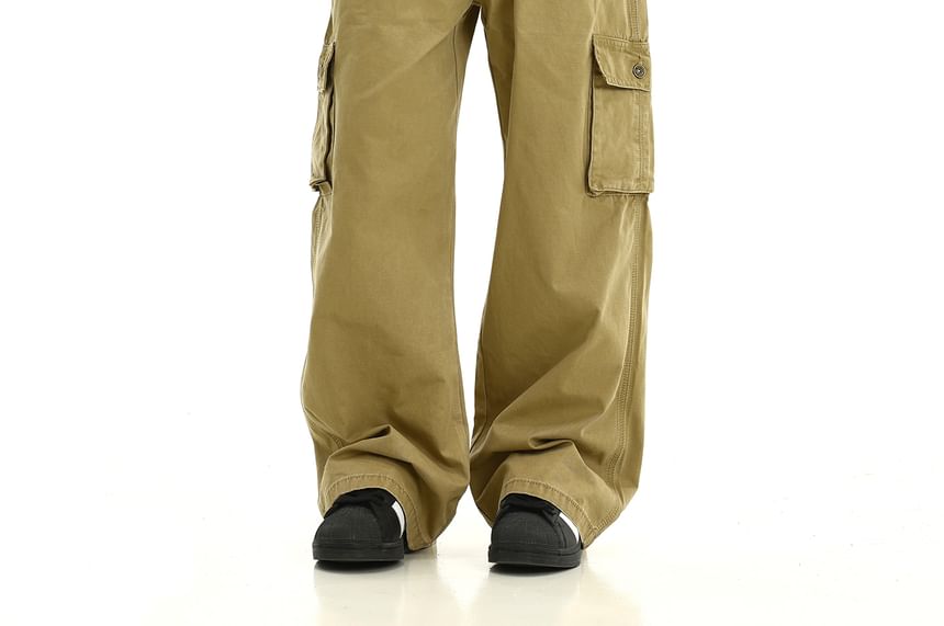 Meiksip - Mid Rise Plain Cargo Wide Leg Pants