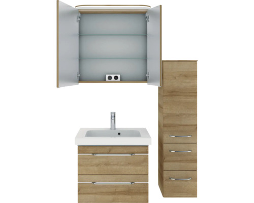 Pelipal Sunline 108 badkamermeubelset, BxHxD 100 x 200 x 46 cm, frontkleur: Riviera eiken, 4-delige badkamermeubelset met wastafel en badmeubel van wit mineraalmarmer, spiegelkast met LED-verlichting, wandkast