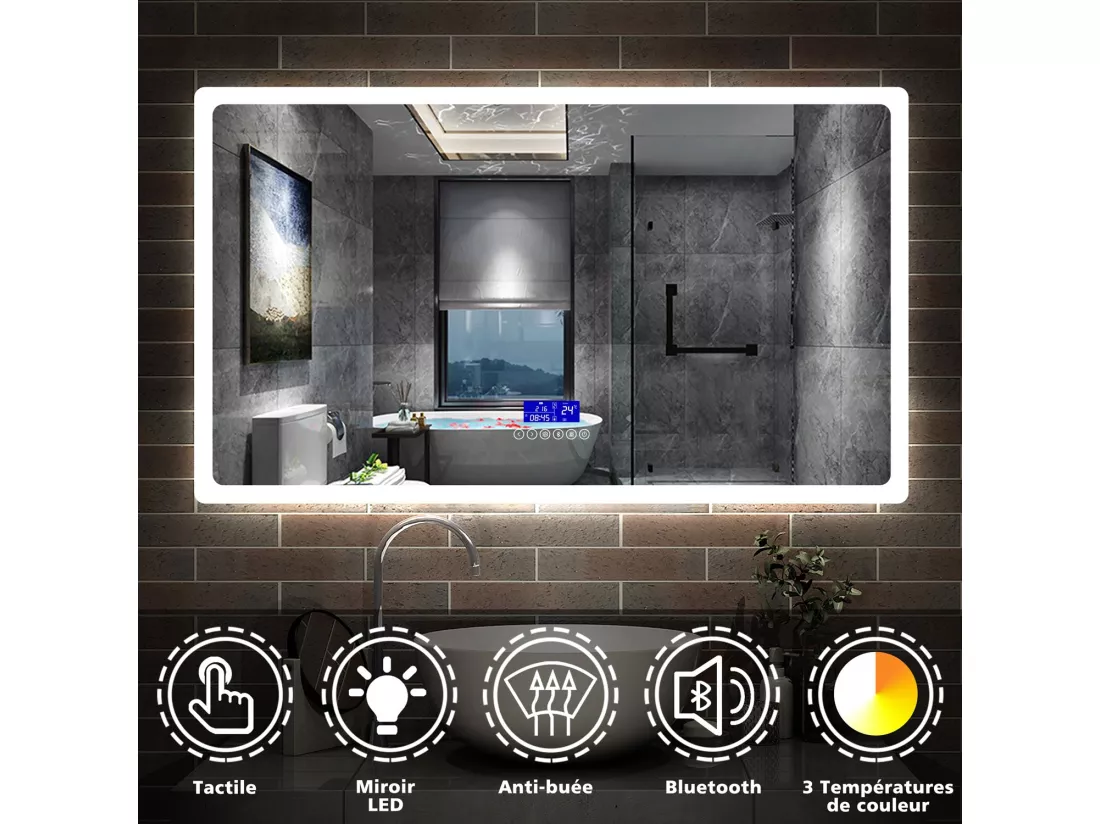 Miroir Salle de Bain Anti-buée LED 70x50cm 3 Couleurs, Bluetooth, Horloge Aica