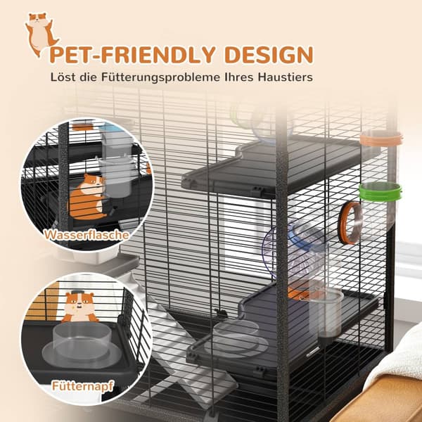 Hamsterbur Gnagerbur med hjul, rør, hylle, ramper, hjul, matskål, vannflaske, marsvinbur for gerbiler, syriske hamstere, svart