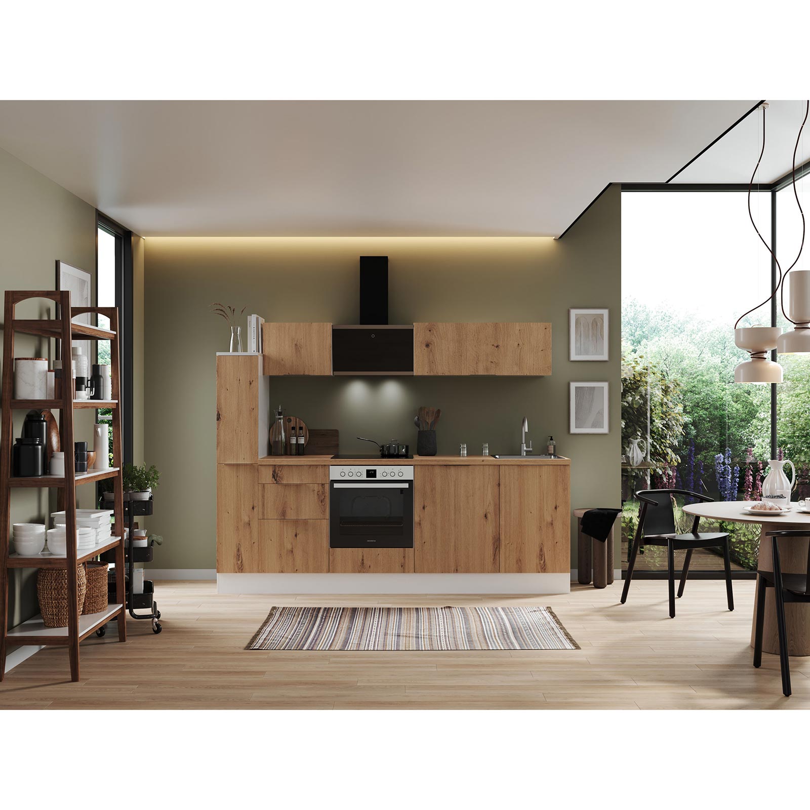 RESPEKTA Küchenblock - Artisan Eiche - weiß matt - mit E-Geräten - 250 cm