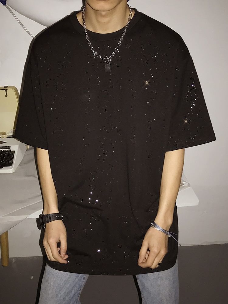Adotuastic - T-shirt met ronde hals en glitter, elleboogmouwen