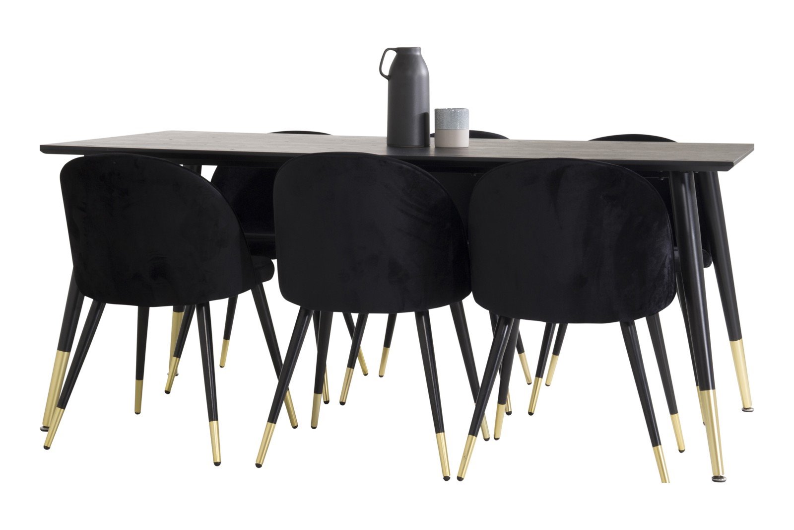 Dipp og Velvet Spisegruppe Dipp spisebord i sort finér med 6 stk. Velvet spisestoler i Sort fløyel og messing ben.